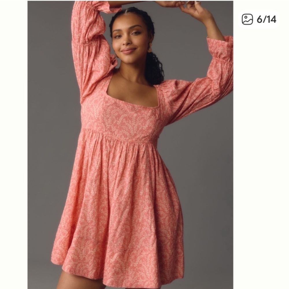 Anthropologie Pilcro pink floral babydoll mini dress with gathered sleeves. L - Picture 2 of 13
